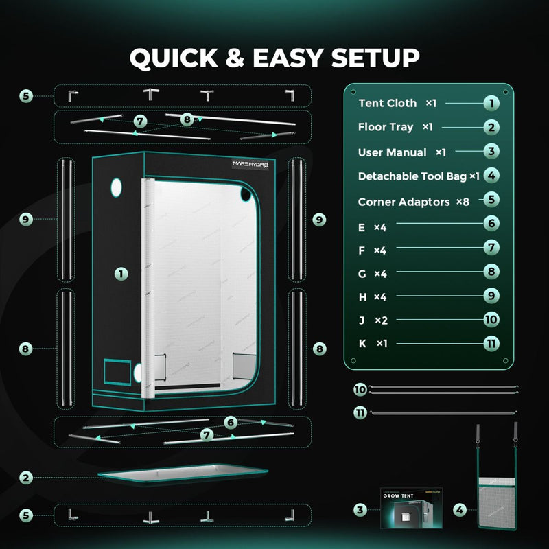 Mars Hydro Hydroponic 4x2 Grow Tent - 48''X24''X71'' (120X60X180cm)