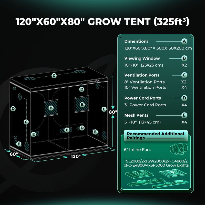 Mars Hydro Hydroponic 10'X5' Grow Tent - 120''X60''X80'' (300X150X200cm)