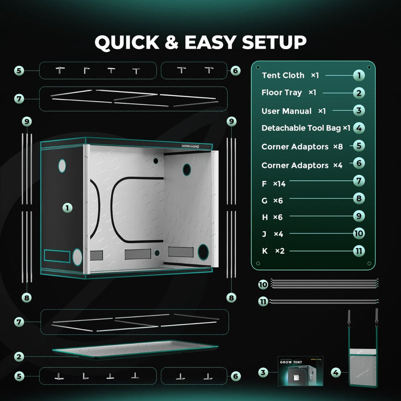 Mars Hydro Hydroponic 8x4 Grow Tent - 96''X48''X80''(240X120X200cm)