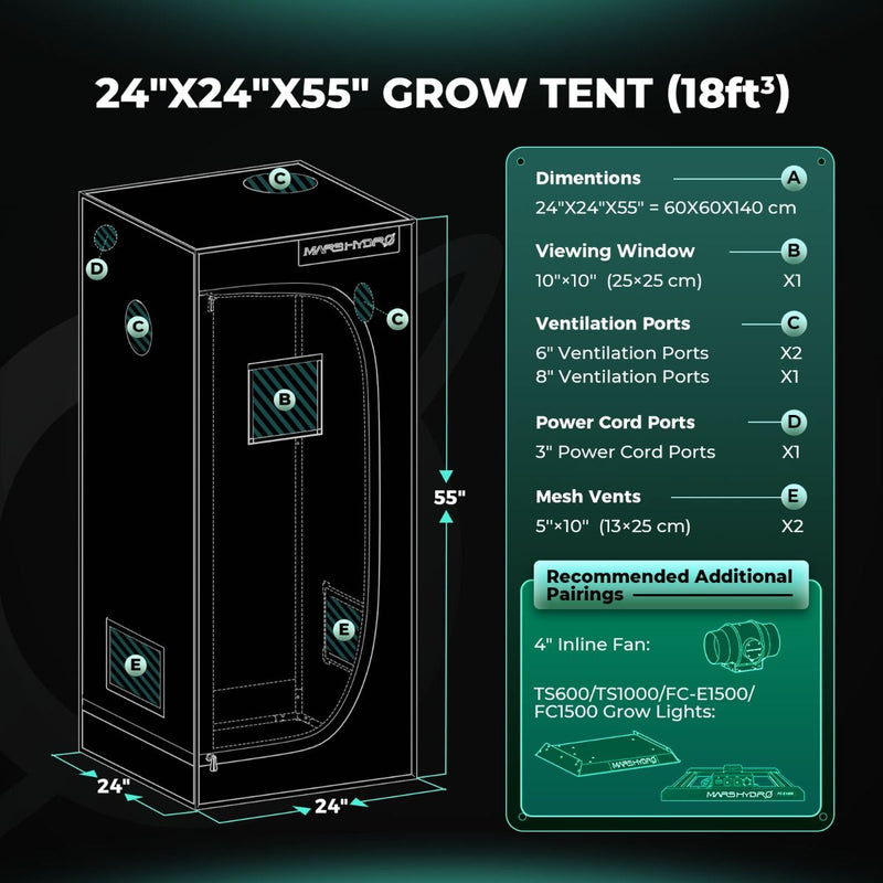 Mars Hydro Hydroponic 2x2 Grow Tent - 24''X24''X55''(60X60X140CM)