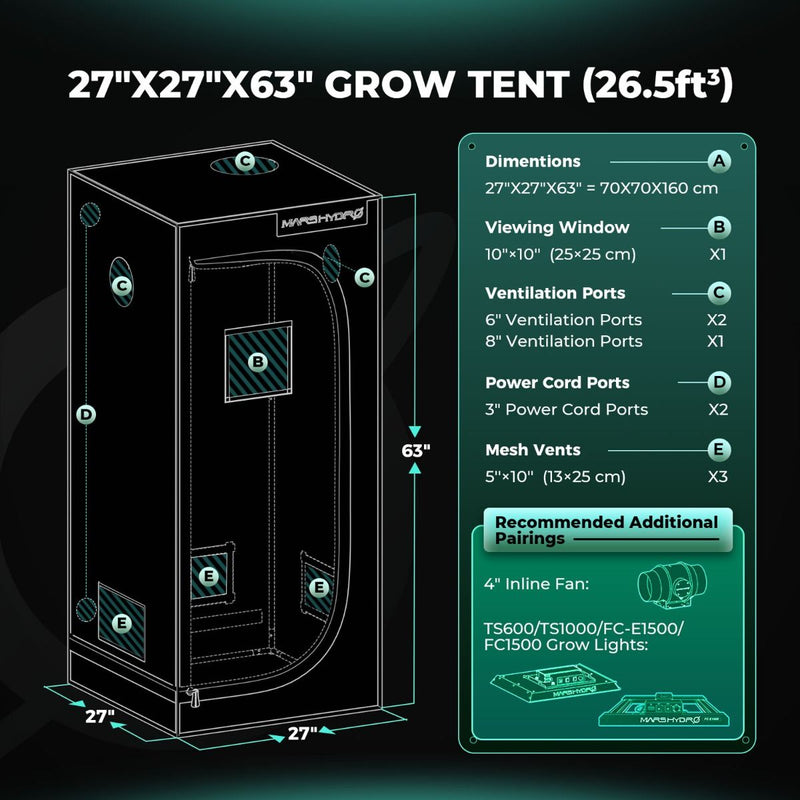 Mars Hydro Hydroponic 2x2 Grow Tent - 27''X27''X63'' (70X70X160cm)