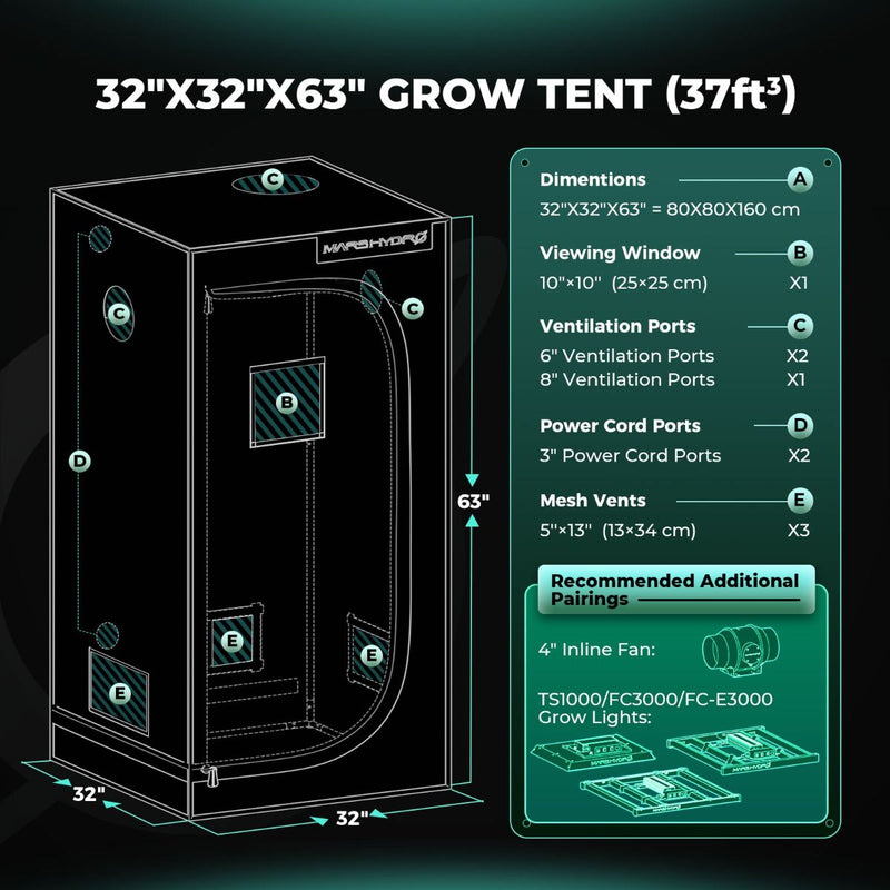 Mars Hydro Hydroponic 3x3 Grow Tent - 32''X32''X63'' (80x80x160cm)