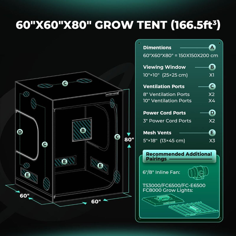 Mars Hydro Hydroponic 5x5 Grow Tent - 60''X60''X80'' (150X150X200cm)